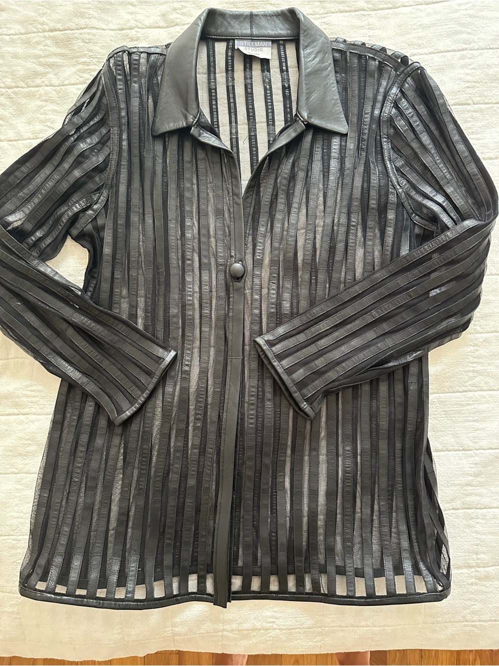 Black Striped Sheer Leather-Trim Jacket